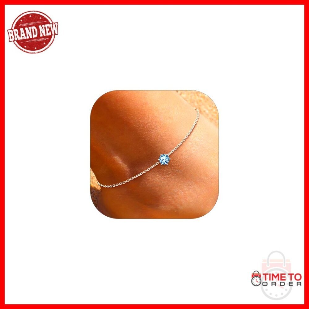 925 Sterling Silver Adjustable Anklet with Birthstone, 8.7-10.7 Inch